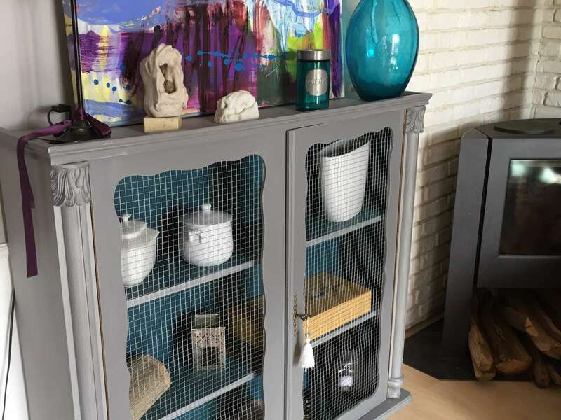 Vitrine deux portes grillage - intérieur peint plume de paon - extérieur patine grise deux tons - 220€