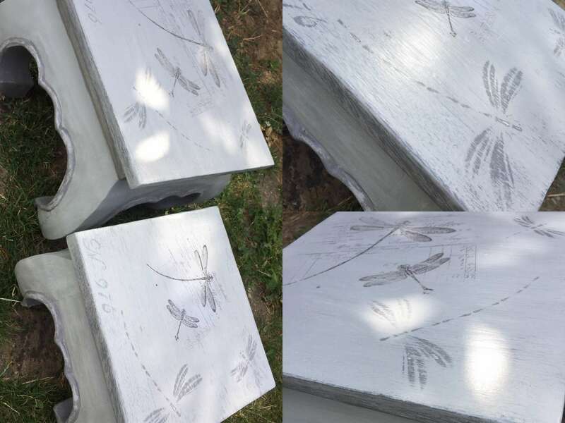 Tables gigogne bois exotique patinées et personnalisées au pochoir et transfert d'image