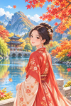 Femme en robe traditionnelle entourée de nature saisonnière
