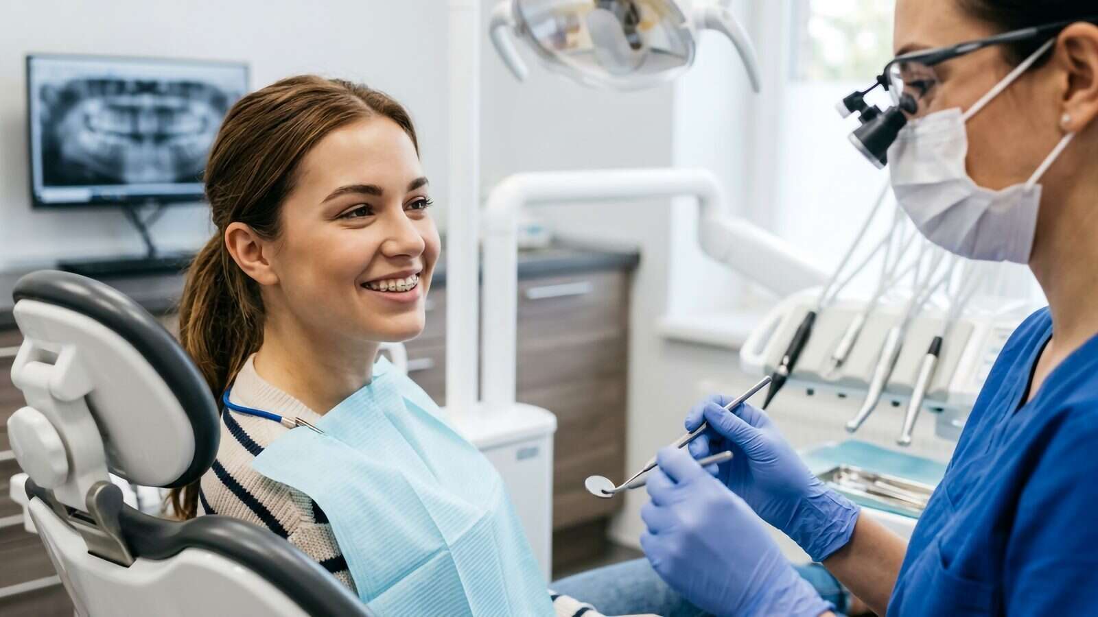 Patiente souriante au fauteuil pendant un examen dentaire