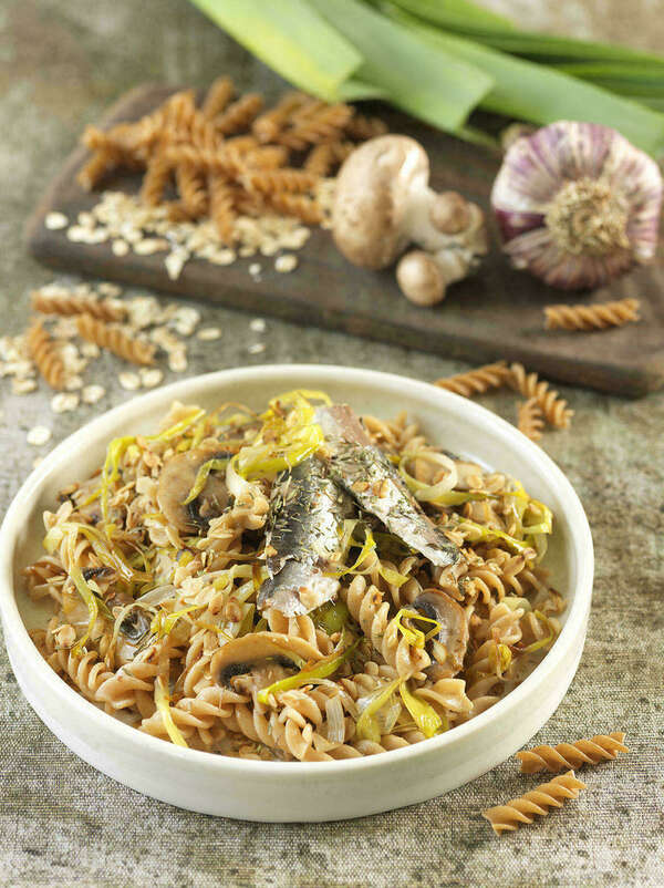 pâtes aux sardines, champignons et poireaux 