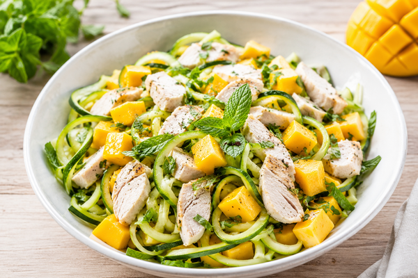 Salade de dinde et mangue, aux tagliatelles de courgettes