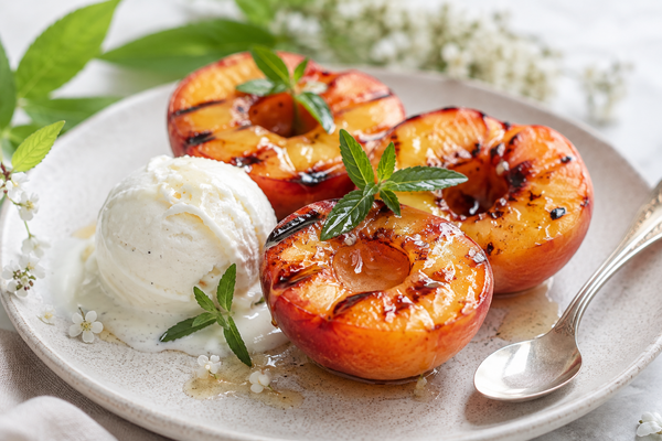 Pêches grillées à la verveine et glace à la fleur de lait