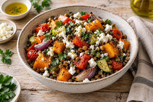 SALADE BOWL DE LENTILLES AUX LEGUMES ROTIS ET FETA