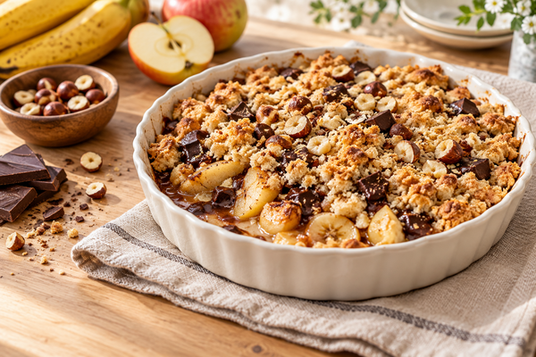 Crumble pomme, banane, chocolat & noisettes