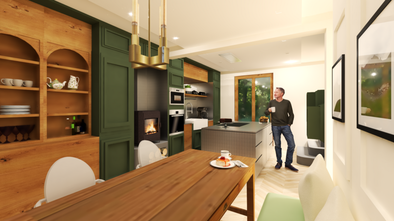 Grande cuisine inox salle à manger verte avec poêle à bois style haussmannien et rustique