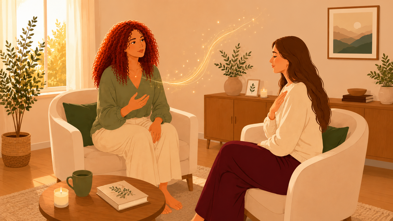 <img alt="Illustration d’une séance de médiumnité et de contact défunt dans un espace apaisant">