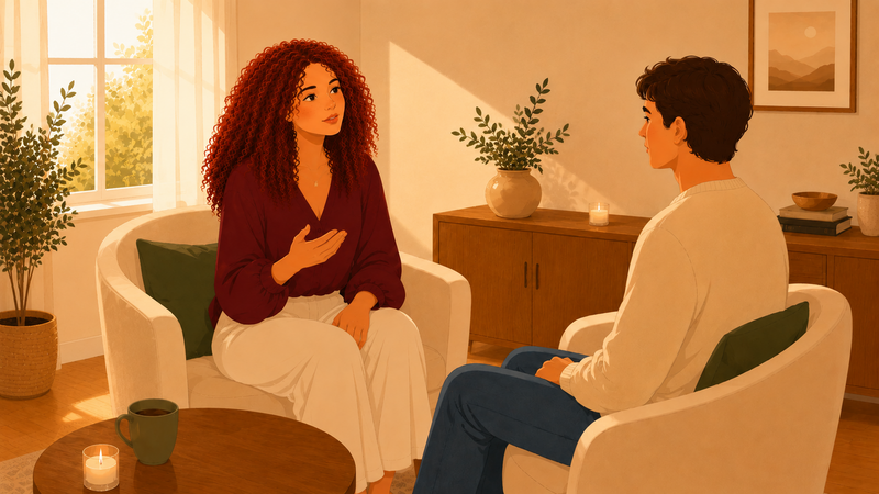 <img alt="Illustration d’une séance de lecture intuitive et d’accompagnement spirituel dans un espace apaisant">