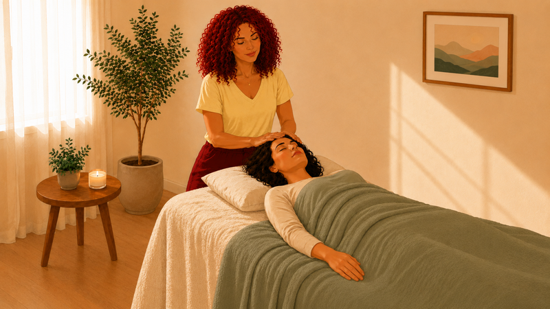 <img alt="Illustration d’un soin Reiki énergétique dans une ambiance douce et apaisante">