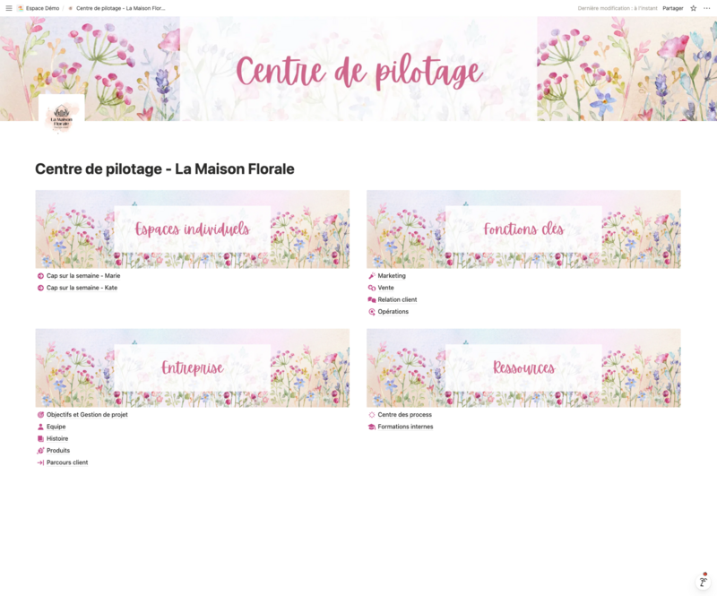Exemple d'espace Notion créé sur-mesure pour un fleuriste bordelaise