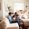 famille heureuse lisant ensemble dans salon lumineux moderne