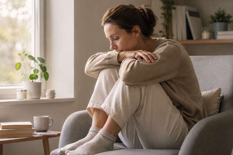 Femme assise près d’une fenêtre, illustrant la fatigue et l’impact de la fibromyalgie au quotidien