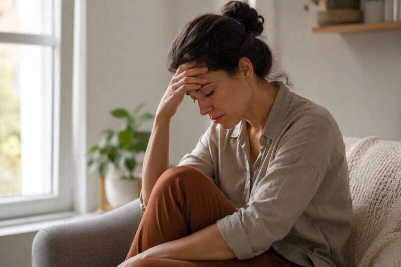 Personne pensive près d’une fenêtre, évoquant le burnout, l’anxiété et la dépression