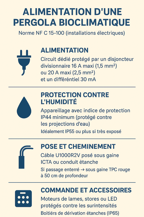 Pergola bioclimatique: quelle alimentation électrique et quelle norme respecter ?