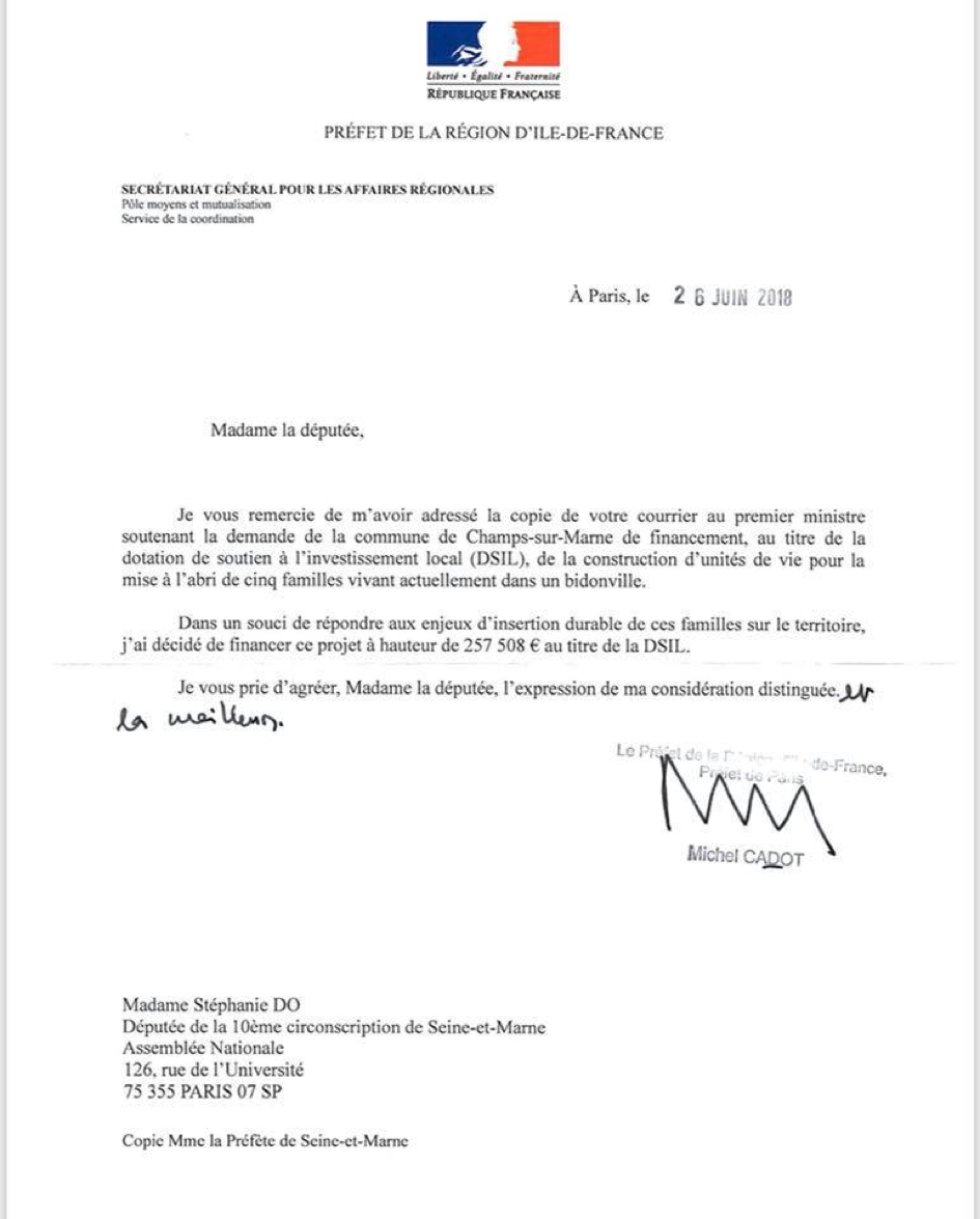 Champs-sur-Marne : mon intervention auprès du Premier Ministre pour l’hébergement de cinq familles issues de bidonvilles !