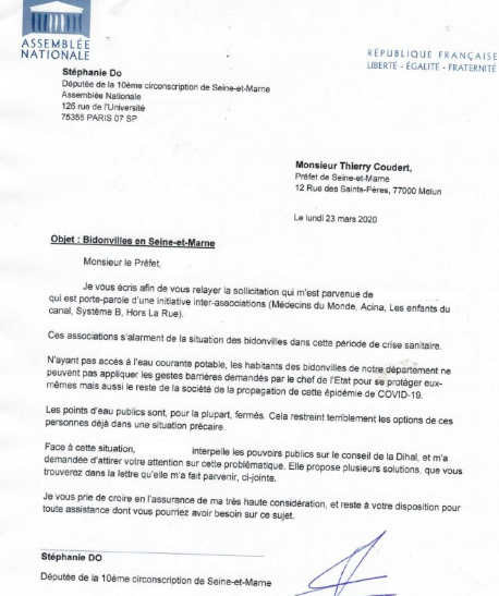 Mon action auprès de la Préfecture pour résoudre la situation préoccupante des bidonvilles et des squats pendant l’épidémie du COVID-19