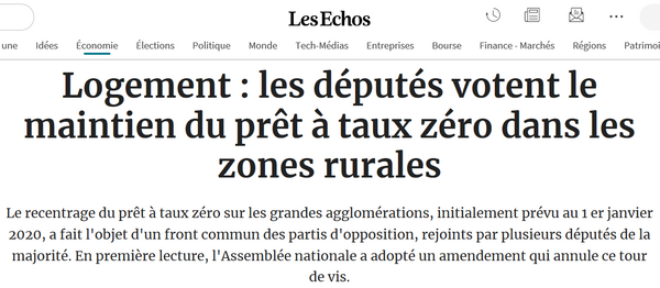 Adopté contre l'avis du Gouvernement, j’ai défendu en séance le prolongement du dispositif du prêt à taux zéro en zones B2 et C jusqu’au 31 décembre 2021