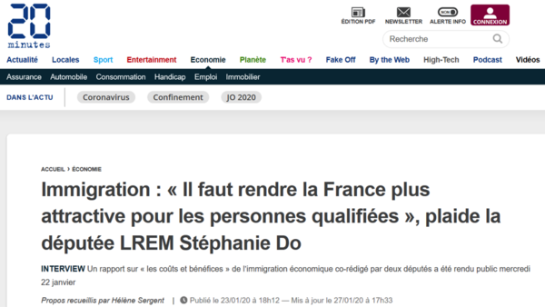 20 minutes a consacré un article à mon rapport sur l’immigration