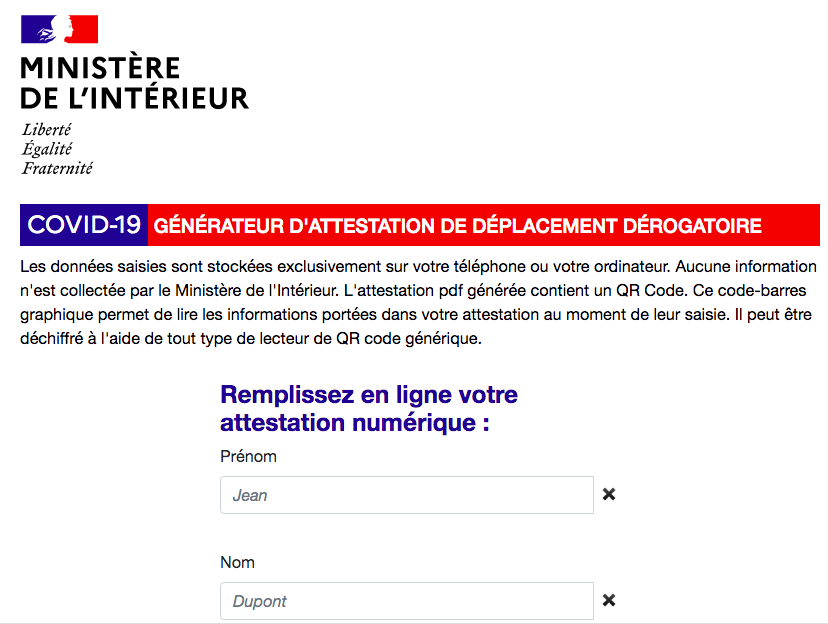 Attestation de déplacement en ligne