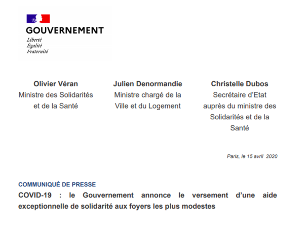 COVID-19 : le Gouvernement annonce le versement d’une aide exceptionnelle de solidarité aux foyers les plus modestes