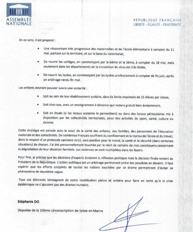Ma réponse suite à une sollicitation sur la stratégie de déconfinement présentée le 28 avril par le Premier ministre et sur la reprise de l’école