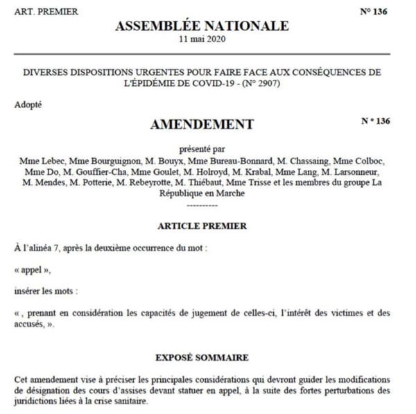 Commission spéciale : adoption de l’amendement LREM sur la désignation des cours d’assises devant statuer en appel dans le contexte de crise sanitaire