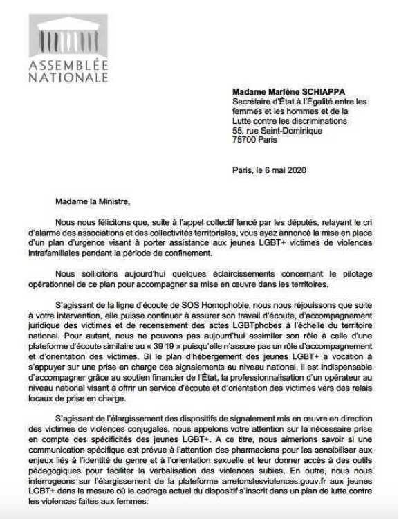 J'ai co-signé un courrier sur la situation des jeunes LGBT le 6 mai, que nous avons adressé à Marlène Schiappa, Secrétariat d'État à l'Égalité entre les femmes et les hommes et de la Lutte contre les discriminations