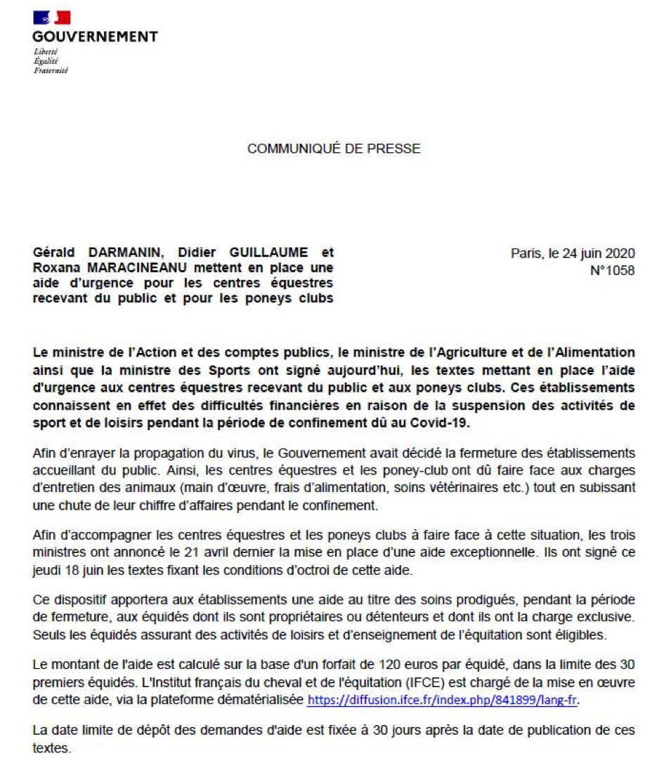 Aide d’urgence aux centres équestres recevant du public et aux poneys clubs