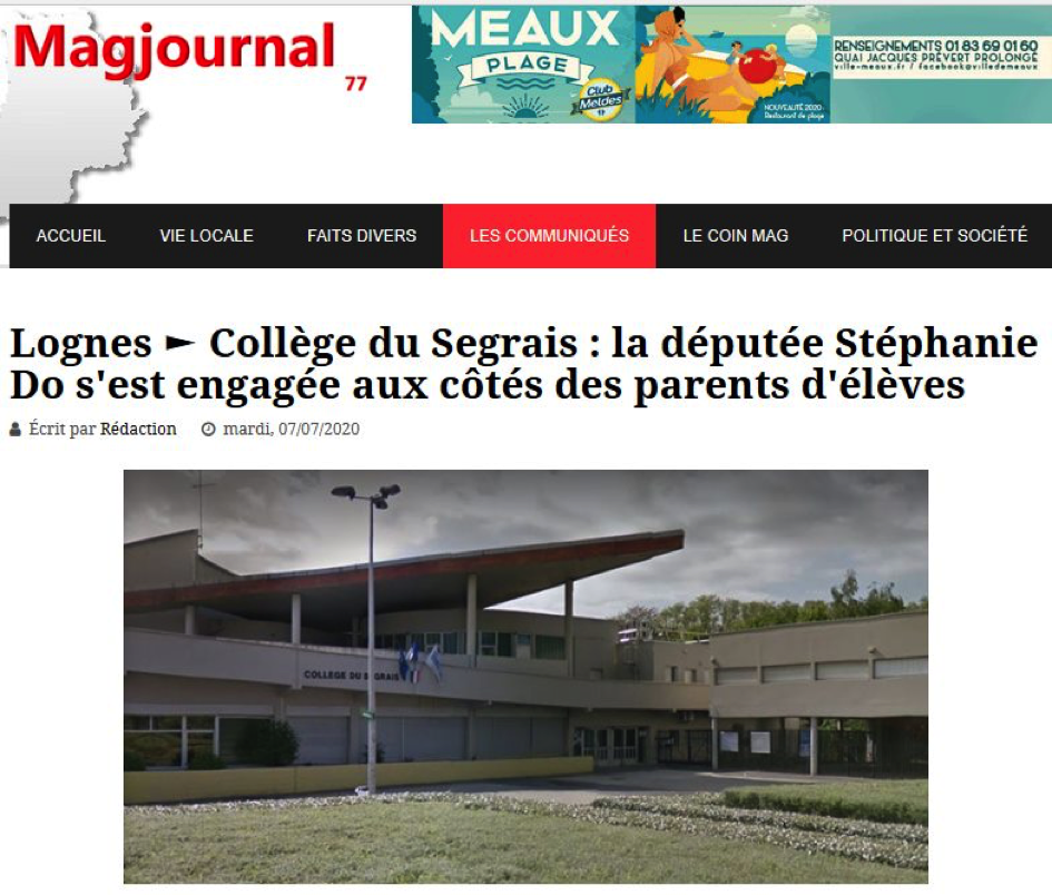Collège du Segrais à Lognes : je partage les inquiétudes de parents d’élèves sur la suppression annoncée de places