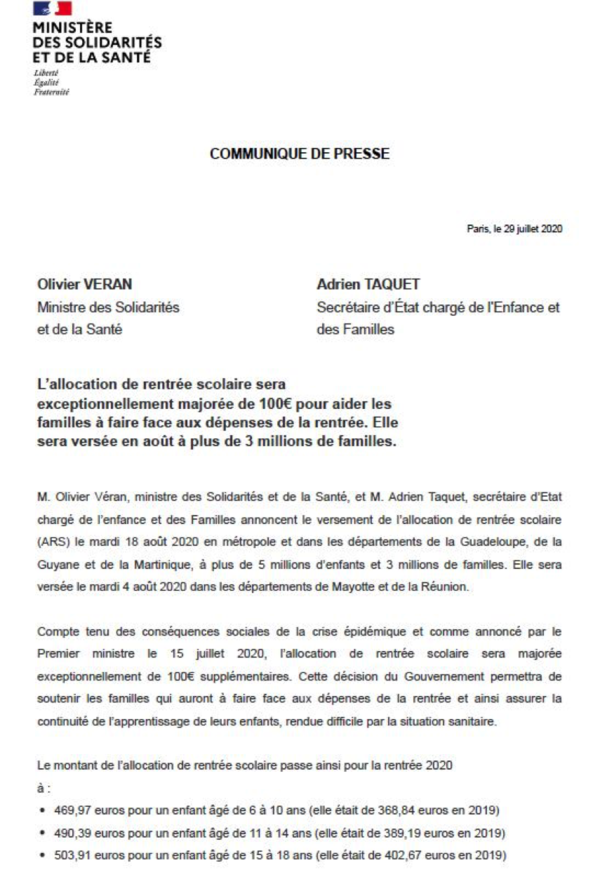 L’allocation de rentrée scolaire va être versée aux foyers modestes à partir du 18 aout et dès maintenant à Mayotte et à la Réunion
