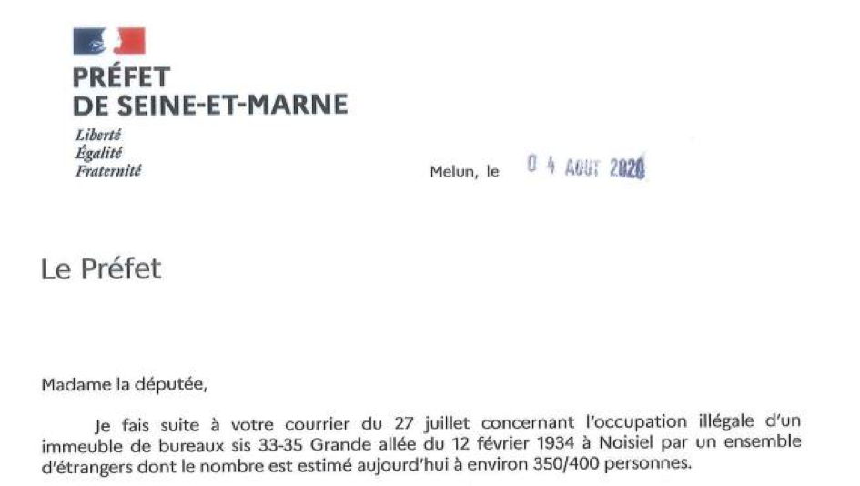 Squat de Noisiel : mon courrier au préfet du 27 juillet 2020 pour obtenir un état des lieux précis de la situation