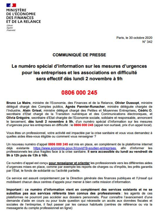 Numéro spécial d’information sur les mesures d’urgences pour les entreprises en difficulté : le 0806 000 245