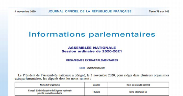 Nomination en tant que membre du Conseil d’Administration de l’Agence Nationale de Rénovation Urbaine