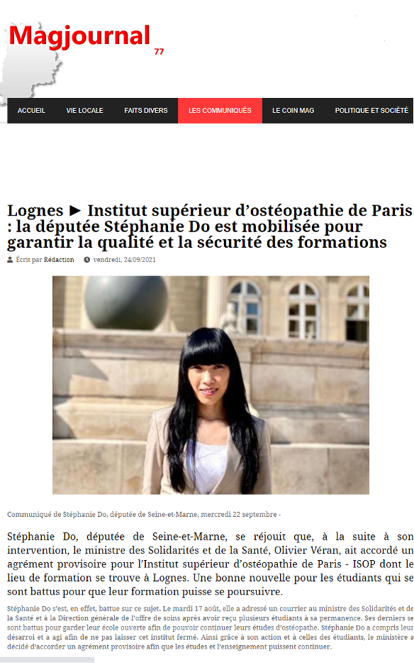 Lognes : Pour l’Institut supérieur d’ostéopathie de Paris, je suis mobilisée pour garantir la qualité et la sécurité des formations