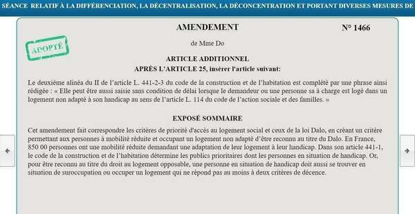 Mon amendement N°1466 a été adopté ! (correspondance des critères de priorité d'accès au logement social/Dalo)