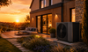 Pompe à chaleur extérieure installée maison moderne au coucher soleil