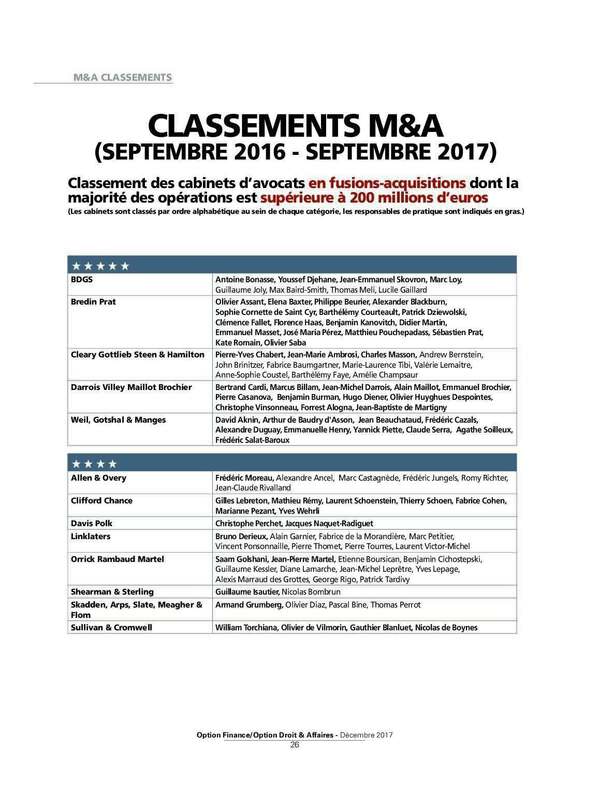 ODA décembre 2017 – Classement M&A