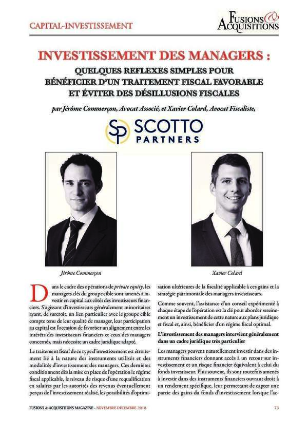 Investissement des Managers – J. Commerçon et X. Colard – Fusions & Acquisitions Mag – Novembre-Décembre 2018