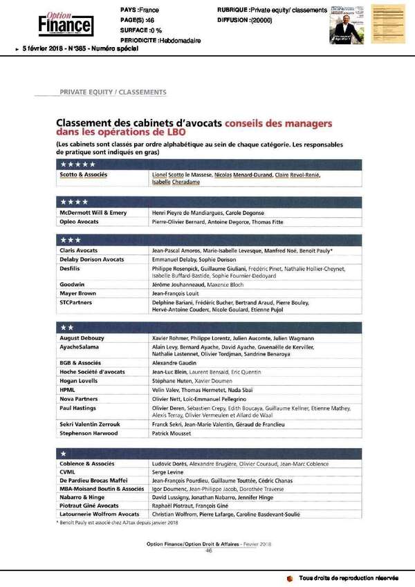 Classement ODA 2018 – Scotto – Conseils des managers dans les opérations de LBO – 5 étoiles