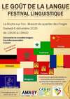 Visuel festif avec textes annonçant Festisol 2025 événement de découverte des langues étrangères et concert musiques du monde
