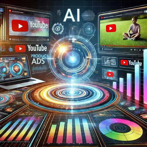 Ilustración de un espacio de trabajo digital con IA Runway Gen-3 Turbo, generando vídeos publicitarios para campañas de Google Ads.