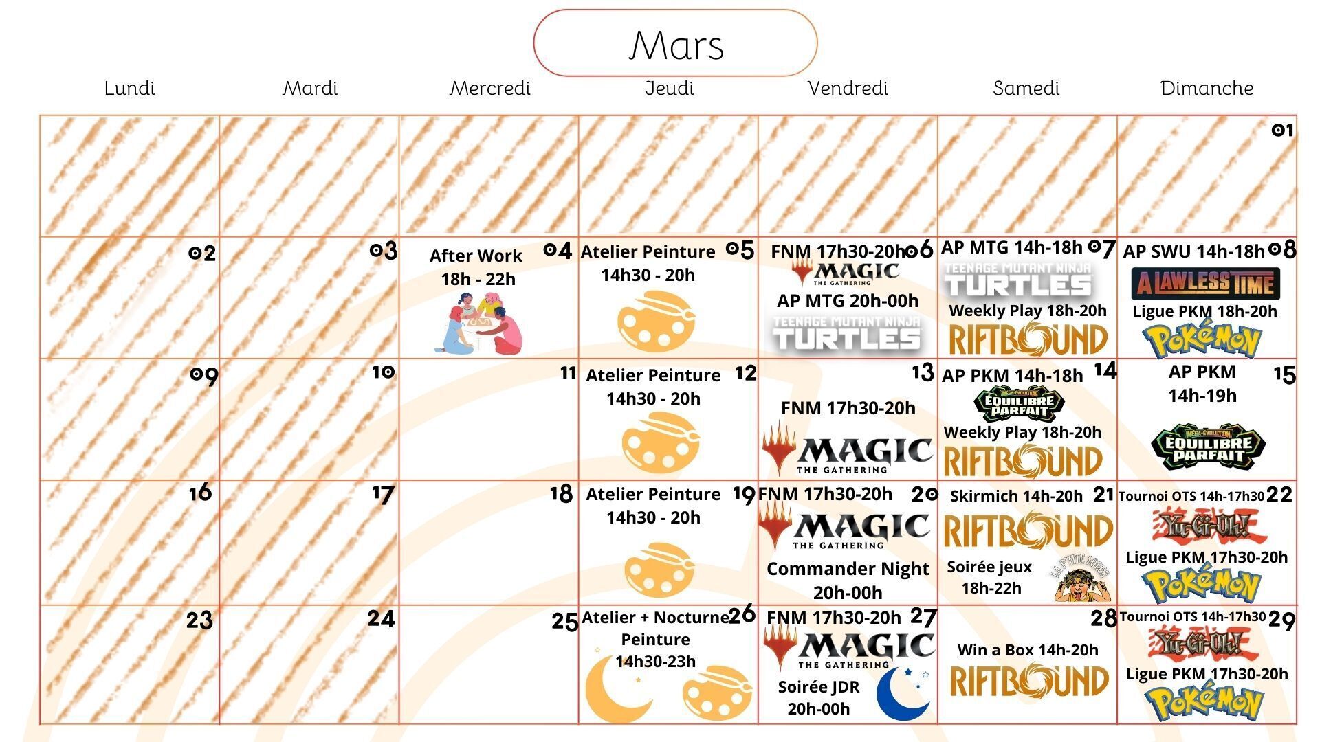 Planning des événements du mois de mars