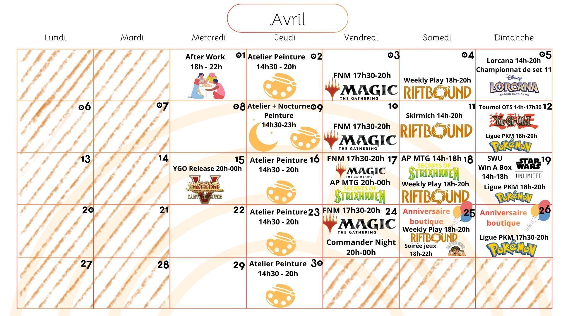 Planning des événements du mois d'avril