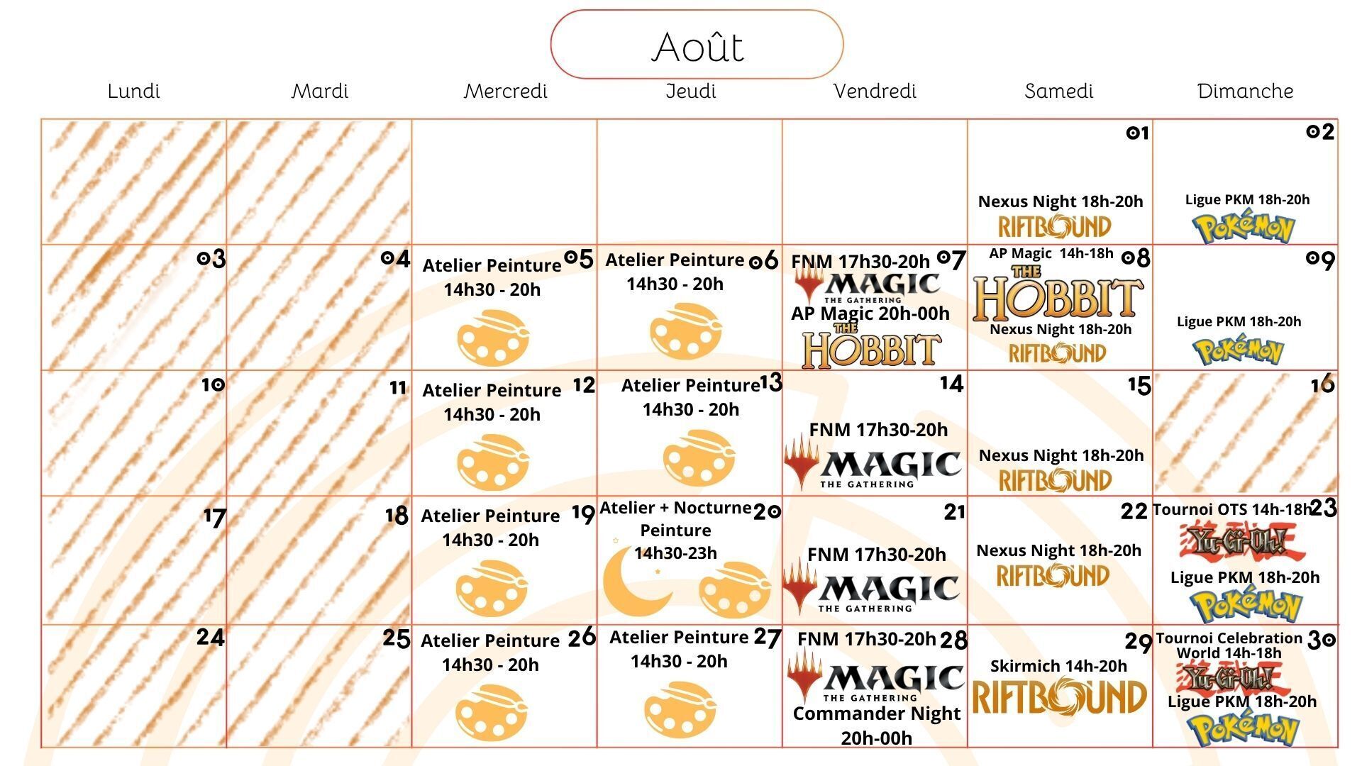 Planning des événements du mois d'août