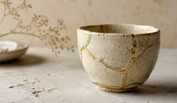 Bol en céramique réparé à l'or selon l'art du kintsugi, symbole de la confiance qui se reconstruit après une infidélité