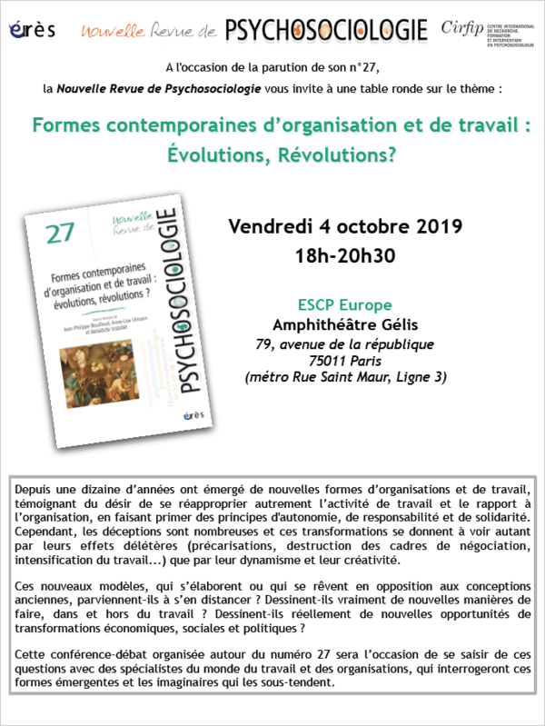 Table ronde de la NRP le 4 octobre 2019 autour du n°27 - Formes contemporaines d'organisation et de travail : Evolutions, Révolutions?