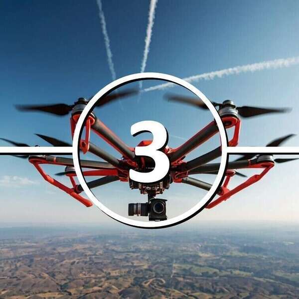 Drone professionnel rouge équipé d'une caméra, en vol au-dessus d'une zone vallonnée, illustrant les applications de captation aérienne