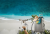 Un drone en plein vol au-dessus d'une plage, prêt à explorer, accompagné d'une valise, symbole du voyage et de l'aventure. Parfait pour les passionnés de drone en vacances.