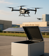 Drone moderne décollant d’une station Drone-in-a-Box métallique ouverte, sur un site industriel avec panneaux solaires en arrière-plan.