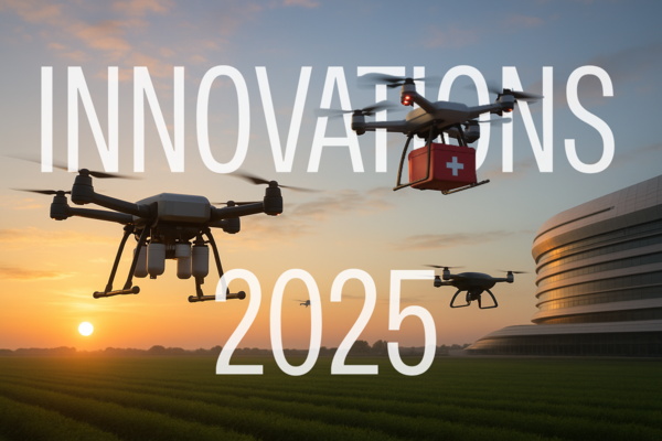 Image réaliste de plusieurs drones modernes en vol au lever du soleil : un drone agricole sur un champ vert, un drone médical transportant une boîte rouge avec croix blanche et un drone urbain près d’un bâtiment futuriste.